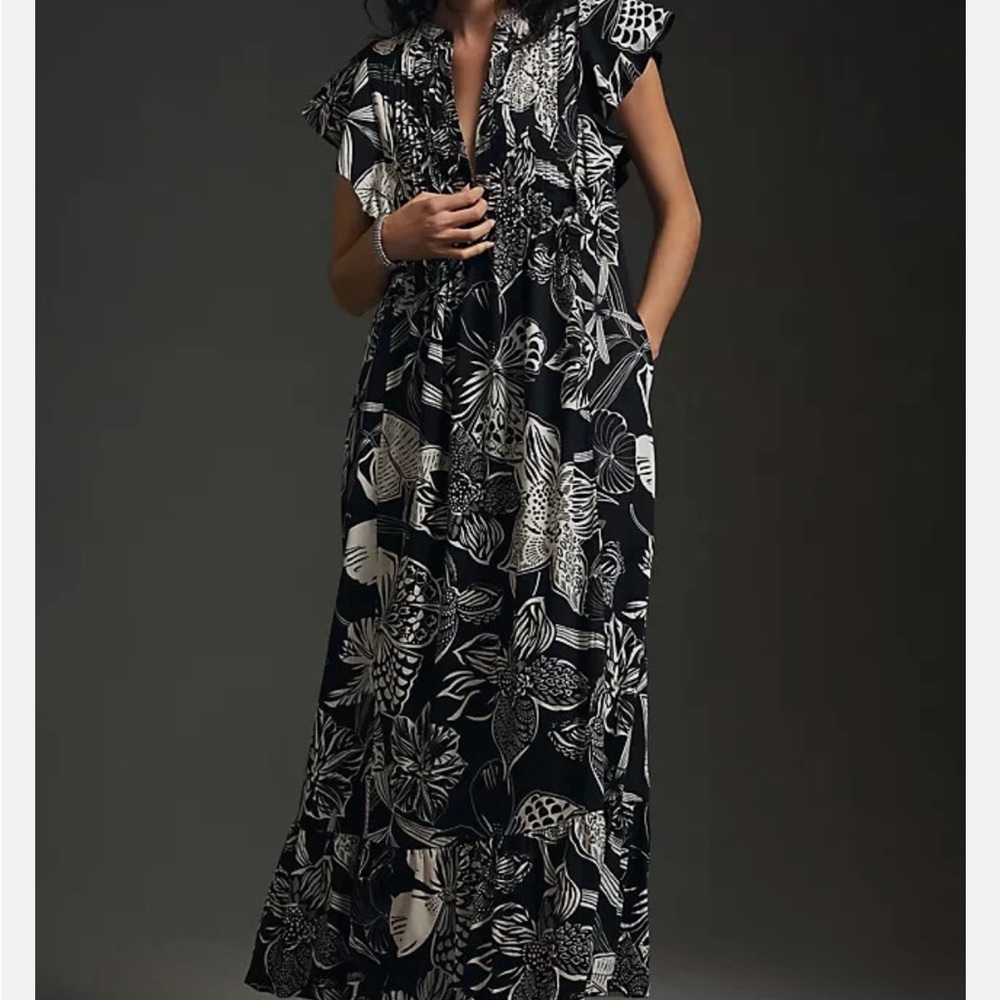 Navy and White Flutter Sleeve V-Neck Sundress
